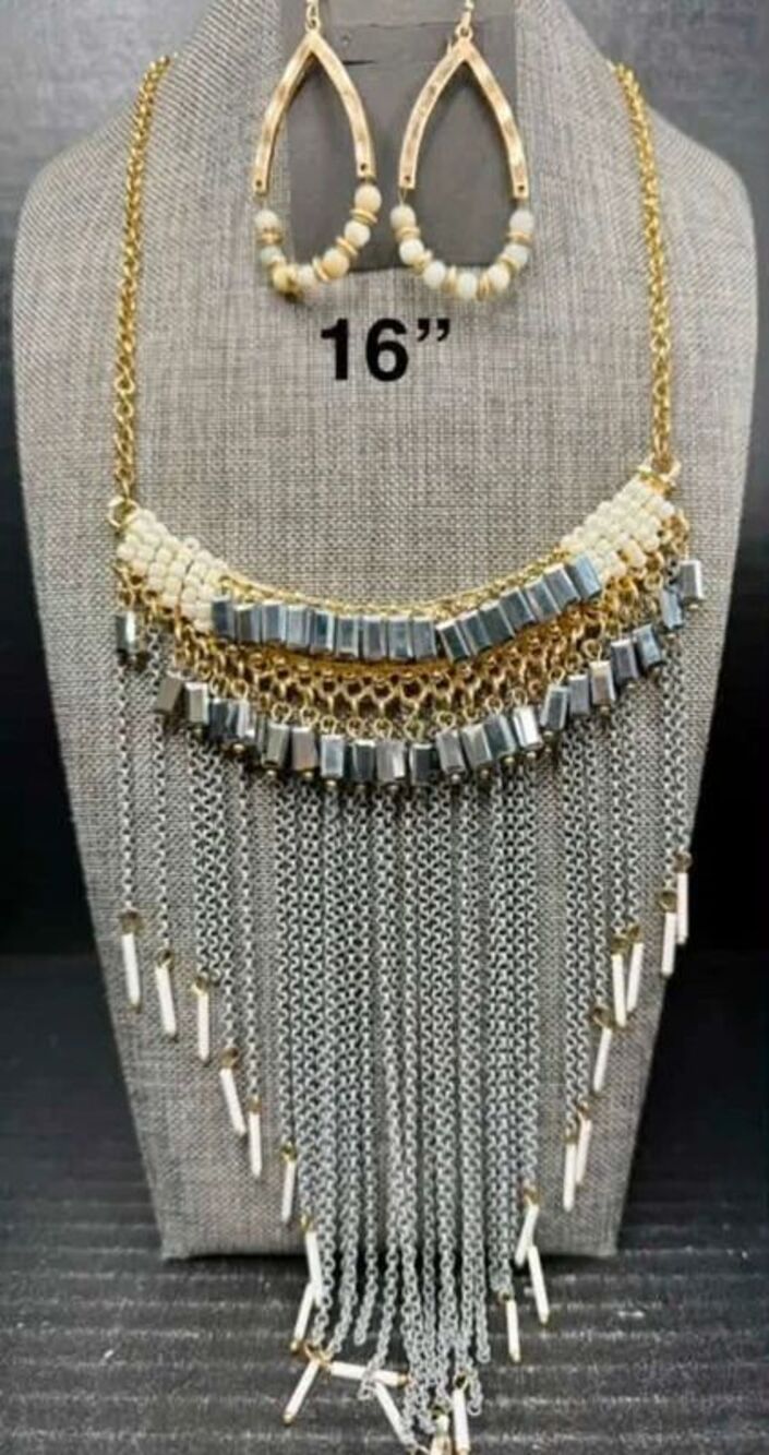 51. Elegant Gold & Silver Fringe Statement Jewelry Set